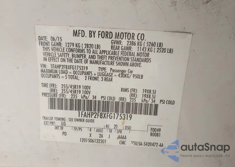 2015 Ford Taurus Limited z USA, uszkodzony, nr VIN 1FAHP2F8XFG175319